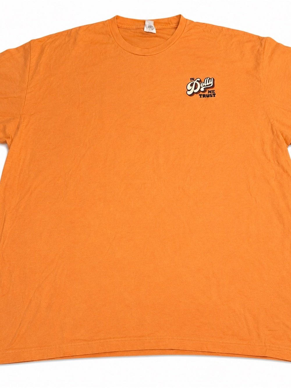 Tultex Orange Crewneck Tee with 'In Dolly We Trust' Chest Script
